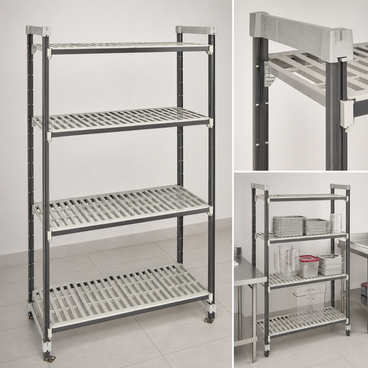 Product image #3 for Cambro Camshelving Elements XTRA 4-Tier High Density Top Rail Stationary Starter Unit with 4 Vented Shelves, 21 x 54 x 81 Inches, Speckled Gray