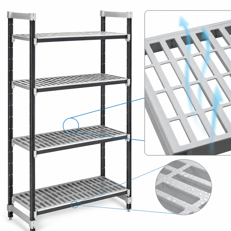 Product image #3 for Cambro Camshelving Elements XTRA 21" x 42" x 84" Stationary Starter Unit, 4-Tier Vented Polymer Shelving, Speckled Gray