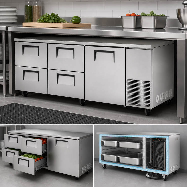 Product image #3 for True 93-1/4-Inch Stainless Steel Deep Undercounter Refrigerator with 1 Door and 4 Drawers, Side-Mounted Self-Contained Refrigeration