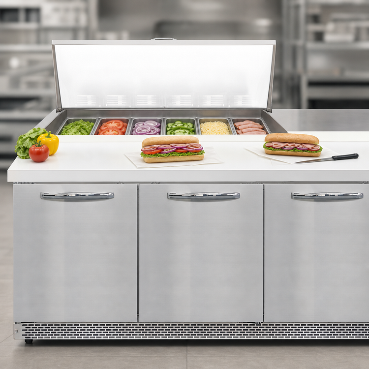 Product image #3 for Continental Refrigerator D72N18M-FB Designer Line 72" Three-Section Mighty Top Front Breather Sandwich Prep Table