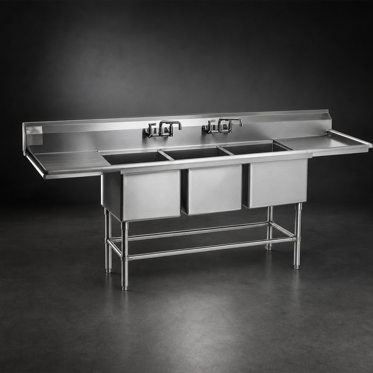 Product image #3 for Spec-Master FN2472-3-24L-14/3 Three-Compartment 14-Gauge Stainless Steel Commercial Sink with 24x24x14 Inch Bowls and 24 Inch Left Drainboard