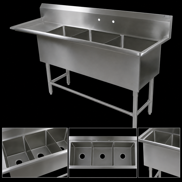 Product image #3 for John Boos Pro-Bowl 3-Compartment Sink with 30" Left Drainboard, 18" x 24" x 14" Bowls, 14-Gauge Stainless Steel