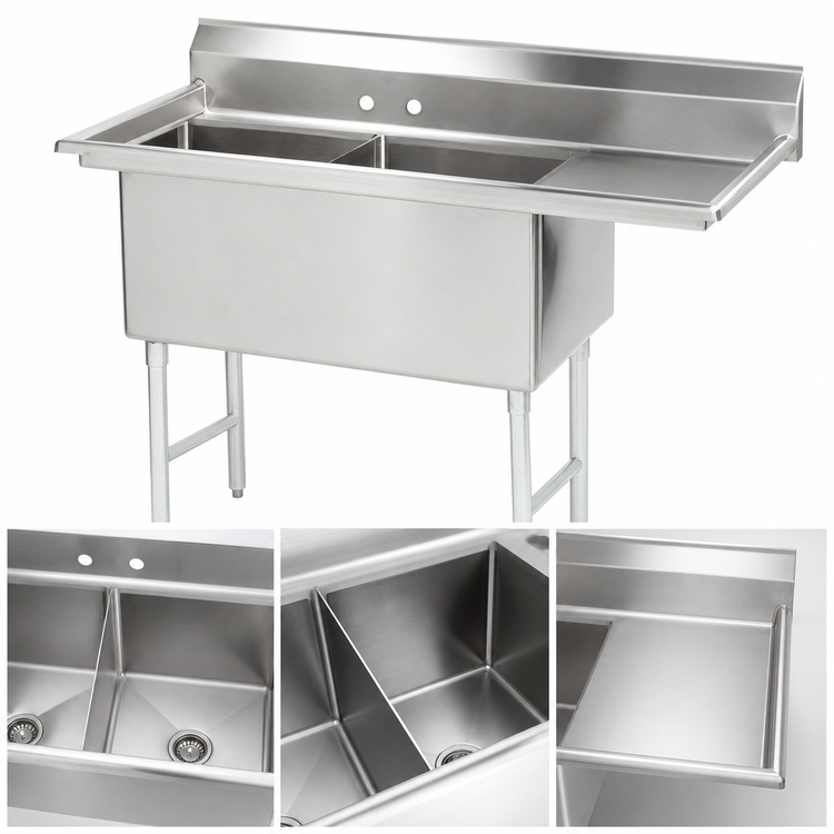 Product image #3 for Advance Tabco 2-Compartment Fabricated Sink with Right Drainboard, 20" x 30" x 14" Bowls