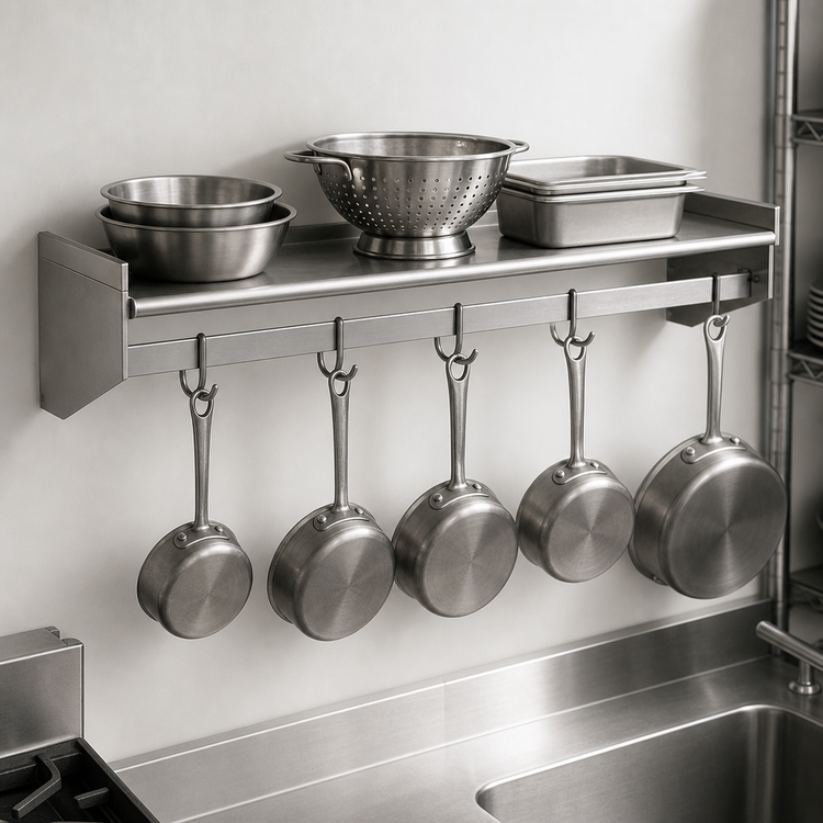 Product image #3 for Eagle Group 36-Inch W x 18-Inch D Wall-Mount Stainless Steel Pot Rack Shelf with Hooks