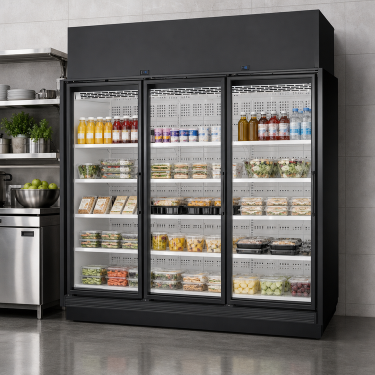 Product image #3 for True 3-Section Left-Hinge Glass Door Refrigerated Merchandiser, Self-Contained, Medium Temp, Black Exterior/White Interior