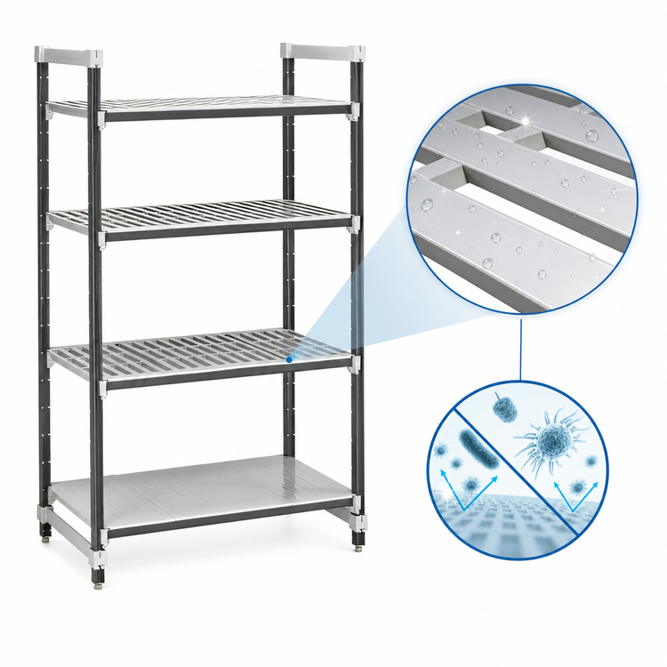 Product image #3 for Cambro Camshelving Elements XTRA 4-Tier Stationary Starter Polymer Shelving Unit, 24W x 21D x 72H, 3 Vented and 1 Solid Shelves