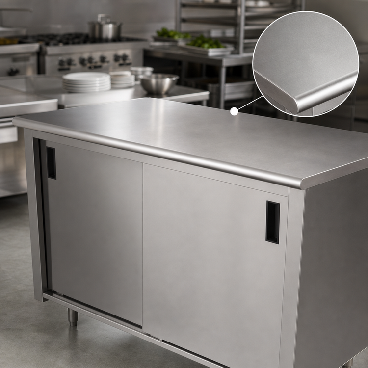 Product image #3 for Advance Tabco CB-SS-3610M 120-Inch x 36-Inch Enclosed Work Table with Cabinet Base, Mid-Shelf, Sliding Doors, and 14 Gauge 304 Stainless Steel Top