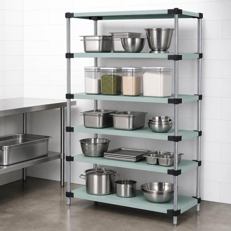 Product image #3 for Quantum Solid Shelving Starter Kit, 48"W x 21"D x 86"H, 5 Solid Shelves, 304 Stainless Steel