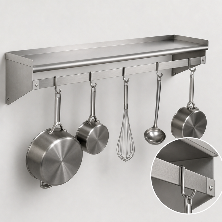 Product image #3 for Eagle Group 48-Inch Wall-Mounted Pot Rack Shelf with Removable Hooks, 15-Inch Deep, Stainless Steel