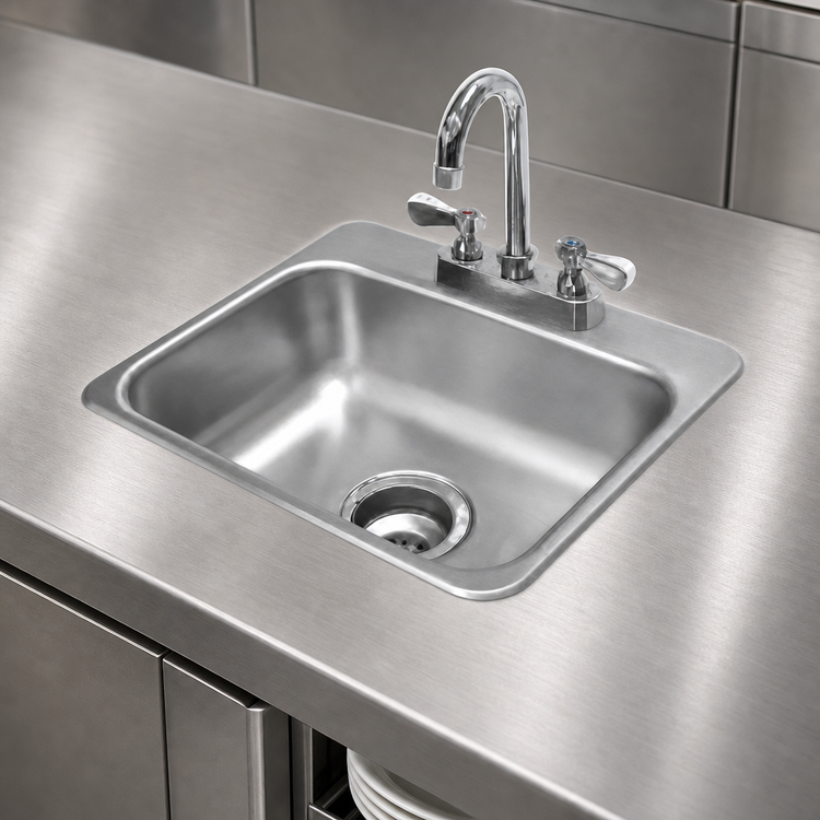 Product image #3 for Advance Tabco Drop-In Single-Compartment Stainless Steel Sink with Deck-Mounted Gooseneck Faucet and Basket Drain, 14 x 10 x 5 Inch Bowl