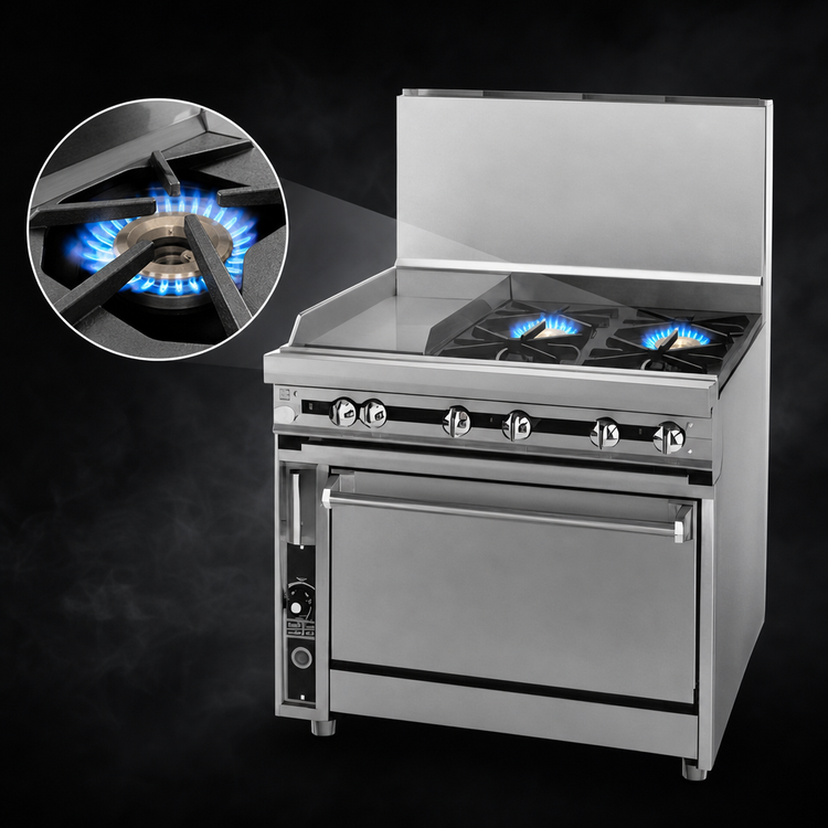 Product image #3 for Titan JTRH-24IP-2 Heavy Duty 36" Gas Range with 2 Open Burners and 24" Plancha