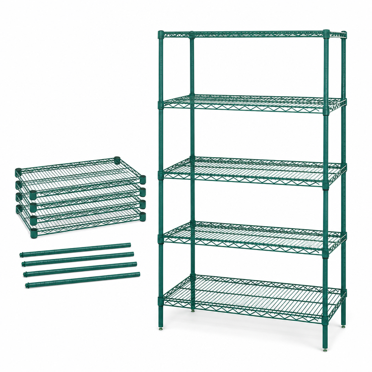 Product image #3 for Quantum Wire Shelving Starter Kit, 72W x 30D x 63H, 5 Shelves, Green Epoxy Antimicrobial Finish