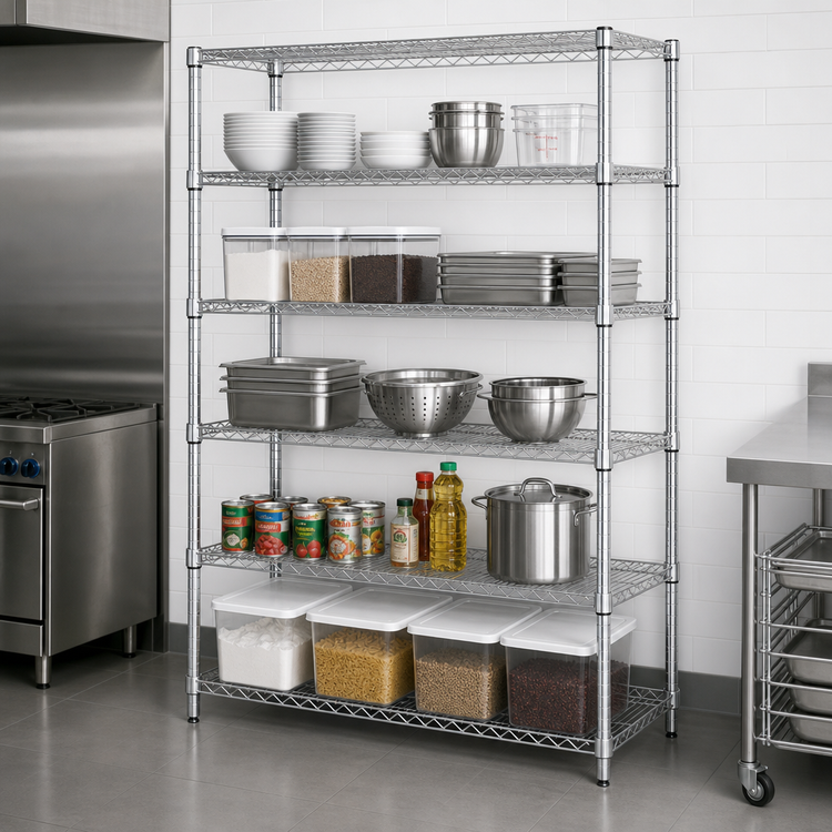 Product image #3 for Quantum Chrome-Plated Stationary Wire Shelving Starter Kit, 72"W x 12"D x 63"H, 600-800 lb Capacity