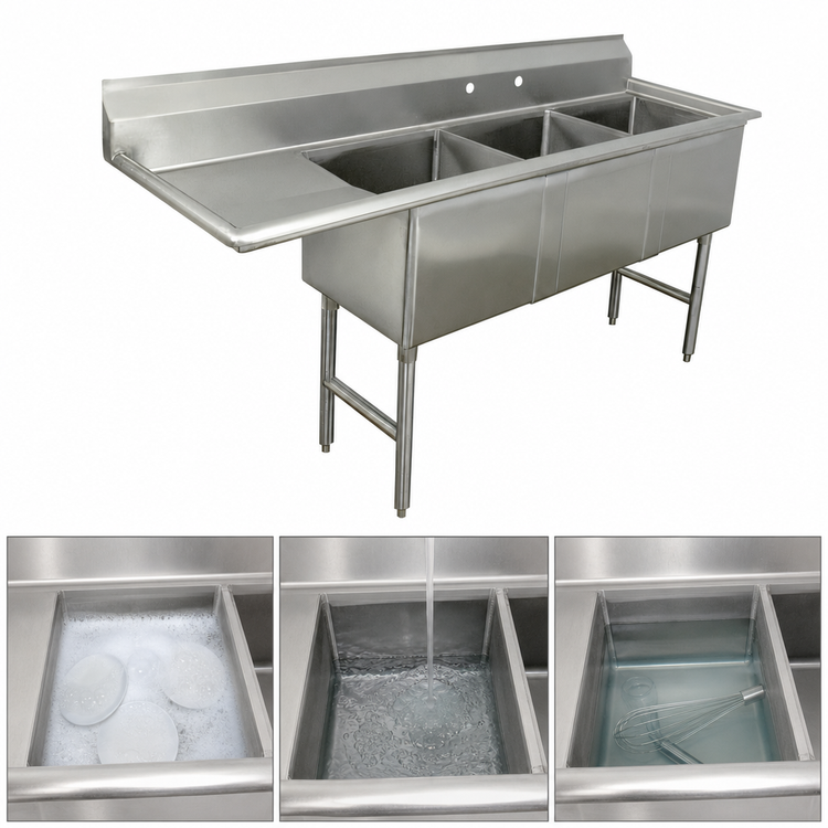 Product image #3 for Advance Tabco 3-Compartment Fabricated Stainless Steel Sink with 18" Left Drainboard, 24" x 24" x 14" Bowls