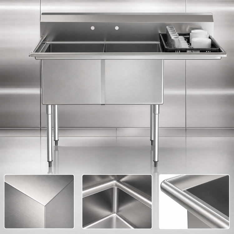 Product image #4 for KoolMore 57-Inch 18-Gauge 2-Compartment Stainless Steel Commercial Sink with Backsplash and Right Drainboard