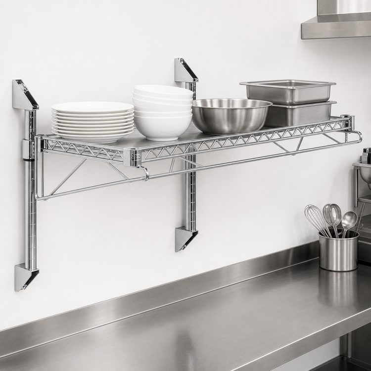 Product image #3 for Quantum Wall-Mount Cantilever Single Shelf Wire Shelving Unit, 42W x 21D, Chrome Plated