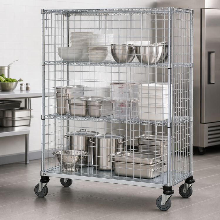 Product image #3 for Quantum Wire Enclosed Mobile Shelving Cart, 60 x 24 x 80 Inches, 1200 lb. Capacity, Chrome Plated Finish