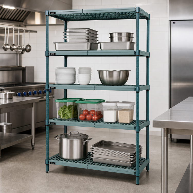 Product image #3 for Quantum Stationary 4-Tier Wire Plastic Mat Shelving Unit, 36W x 18D x 86H, Green Epoxy