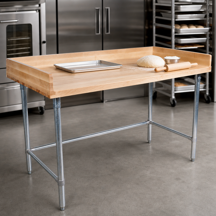 Product image #3 for BK Resources 60 x 30 Inch Hard Maple Bakers Table with Galvanized Open Base and 4-Inch Coved Risers