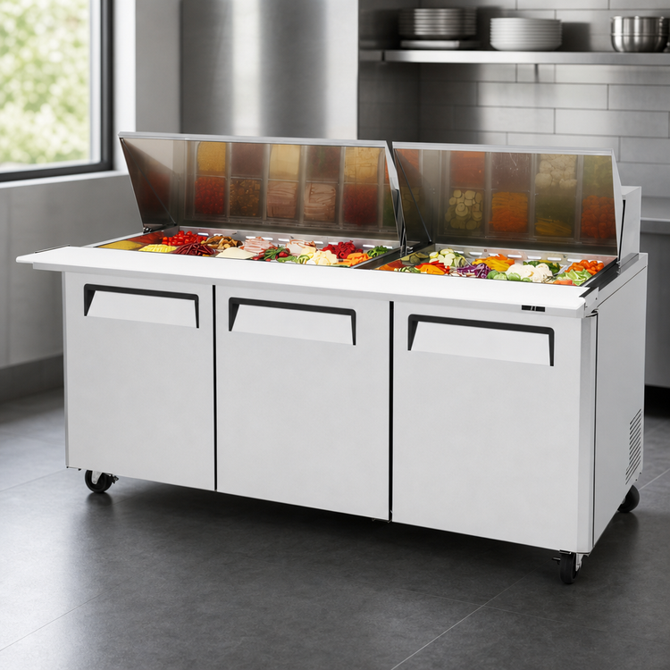 Product image #3 for Turbo Air M3 Series Three-Section Mega Top Sandwich/Salad Prep Table with Rear-Mounted Self-Contained Refrigeration, 30-Pan Top, 72-5/8 Inch Wide
