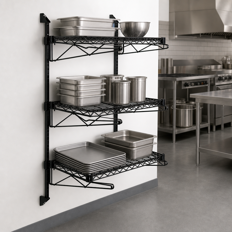 Product image #3 for Quantum Wall-Mounted Cantilever Wire Shelf Starter Unit with 3 Shelves, 54-Inch Posts, Black Epoxy Finish