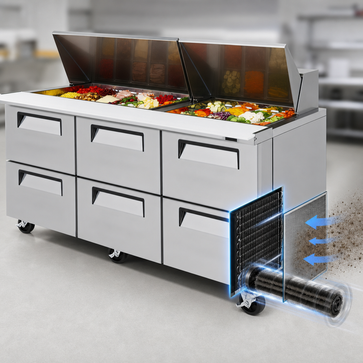 Product image #3 for Turbo Air Super Deluxe Three-Section Sandwich/Salad Mega Top Refrigerated Prep Table with 6 Drawers and 30-Pan Opening