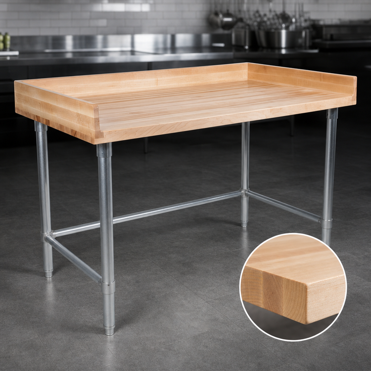 Product image #3 for John Boos DNB07 48-Inch x 30-Inch Baker's Top Wood Work Table with 4-Inch Coved Riser and Galvanized Base