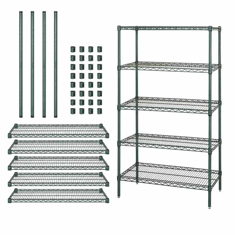 Product image #3 for Quantum 48-Inch W x 18-Inch D x 63-Inch H Stationary 5-Shelf Wire Shelving Starter Kit, Green Epoxy Antimicrobial Finish