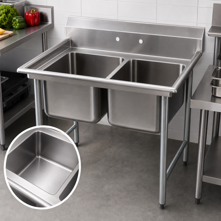Product image #3 for Eagle Group 414 Series 57-1/2 Inch Two-Compartment Stainless Steel Sink with 9-1/2 Inch Backsplash and Galvanized Legs
