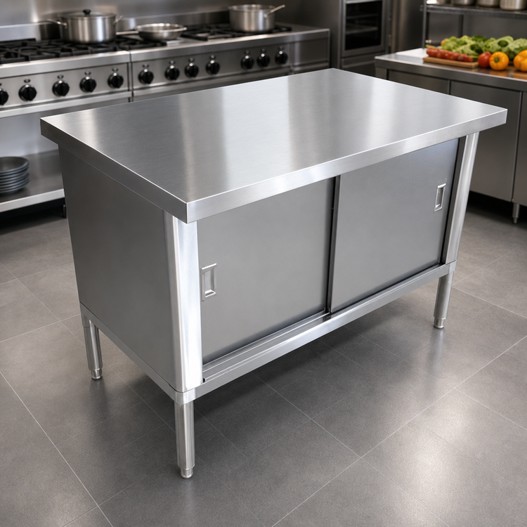 Product image #3 for Omcan 72-Inch x 30-Inch Stainless Steel Enclosed Work Table with Sliding Door Cabinet Base