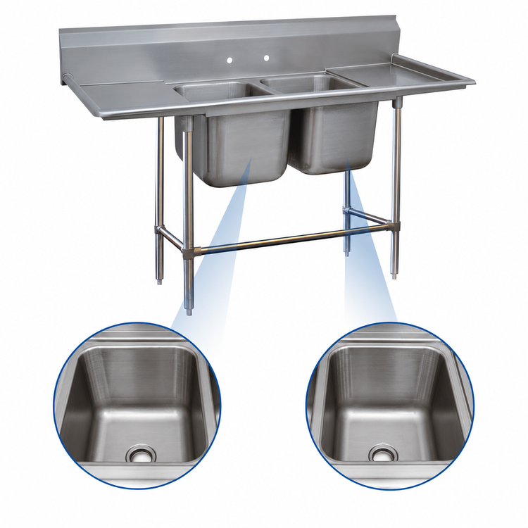 Product image #3 for Advance Tabco Regaline 2-Compartment Floor Model Stainless Steel Sink with Left and Right Drainboards, 20 x 20 x 14-Inch Bowls