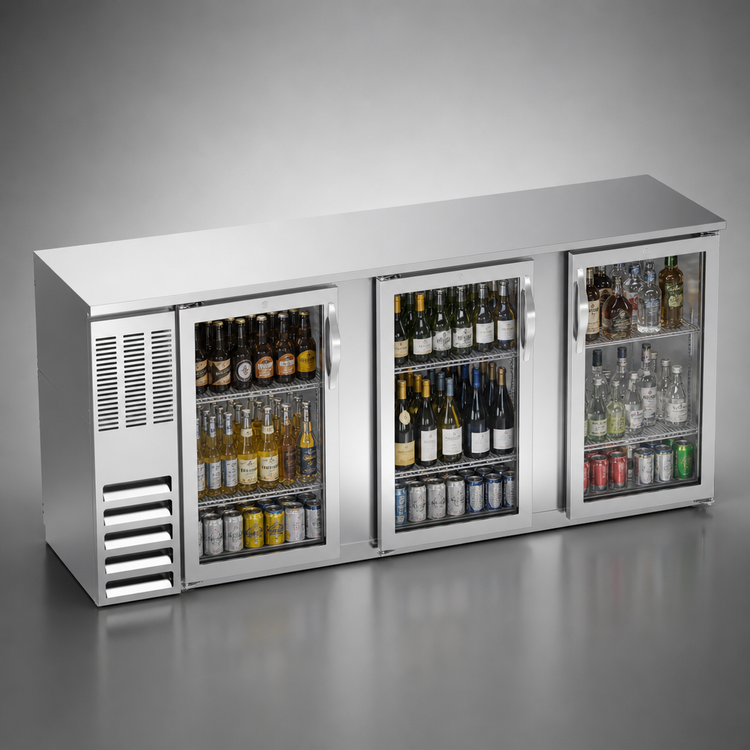Product image #3 for Beverage Air BB94HC-G-S Three-Section Glass Door Back Bar Refrigerator, 94 Inch Wide, Self-Contained R290