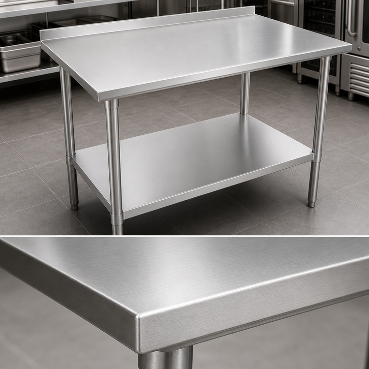 Product image #3 for John Boos Stallion 48" x 24" 16-Gauge Stainless Steel Work Table with 1-1/2" Rear Backsplash, Safety Edge Front, and Undershelf