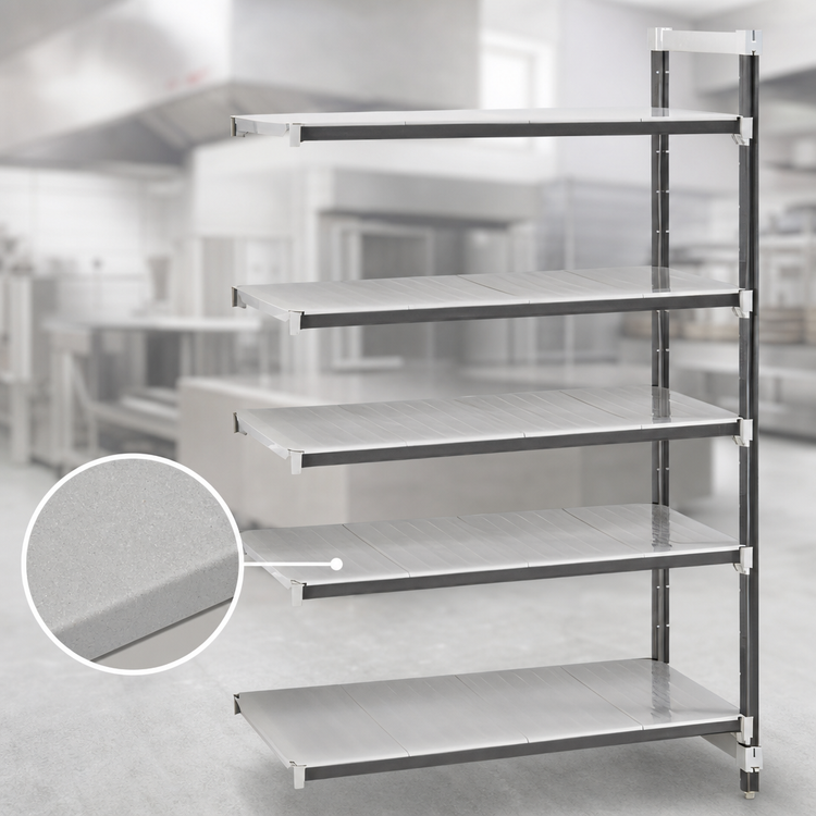 Product image #3 for Cambro Camshelving Elements XTRA Stationary Add-On 5-Tier Solid Polymer Shelving Unit, 21 x 54 x 84 Inches, Speckled Gray