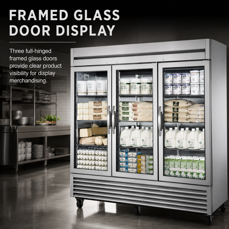 Product image #3 for True 3-Section Reach-In Refrigerator with 3 Framed Glass Doors, Stainless Steel, Bottom-Mounted Self-Contained Refrigeration