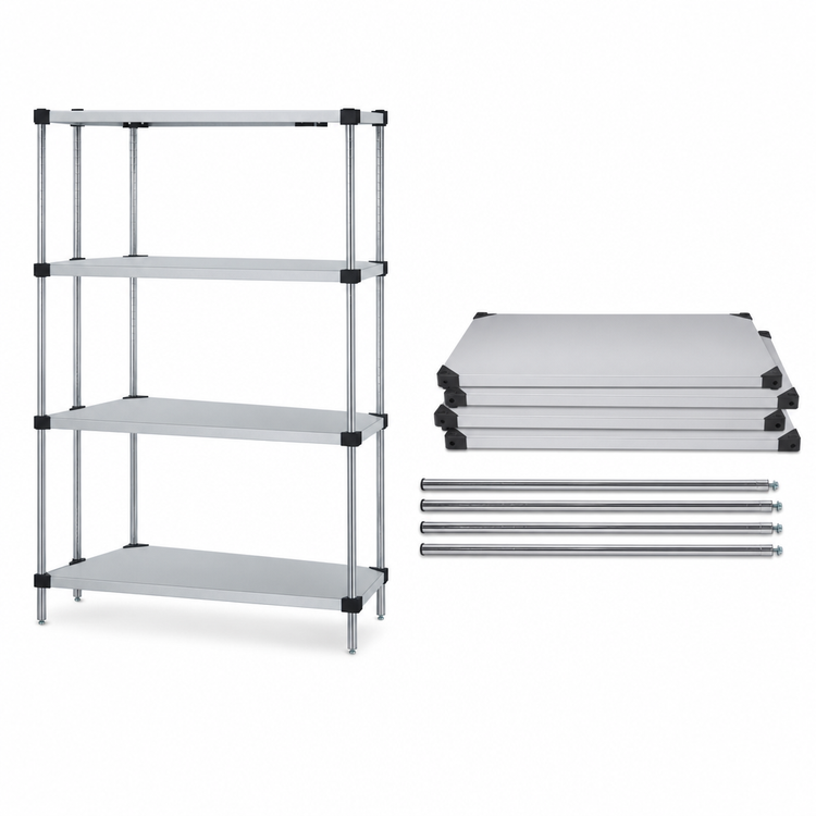 Product image #3 for Quantum Stationary Solid Shelving Starter Kit with 4 Solid Shelves, 36"W x 24"D x 86"H, 304 Stainless Steel
