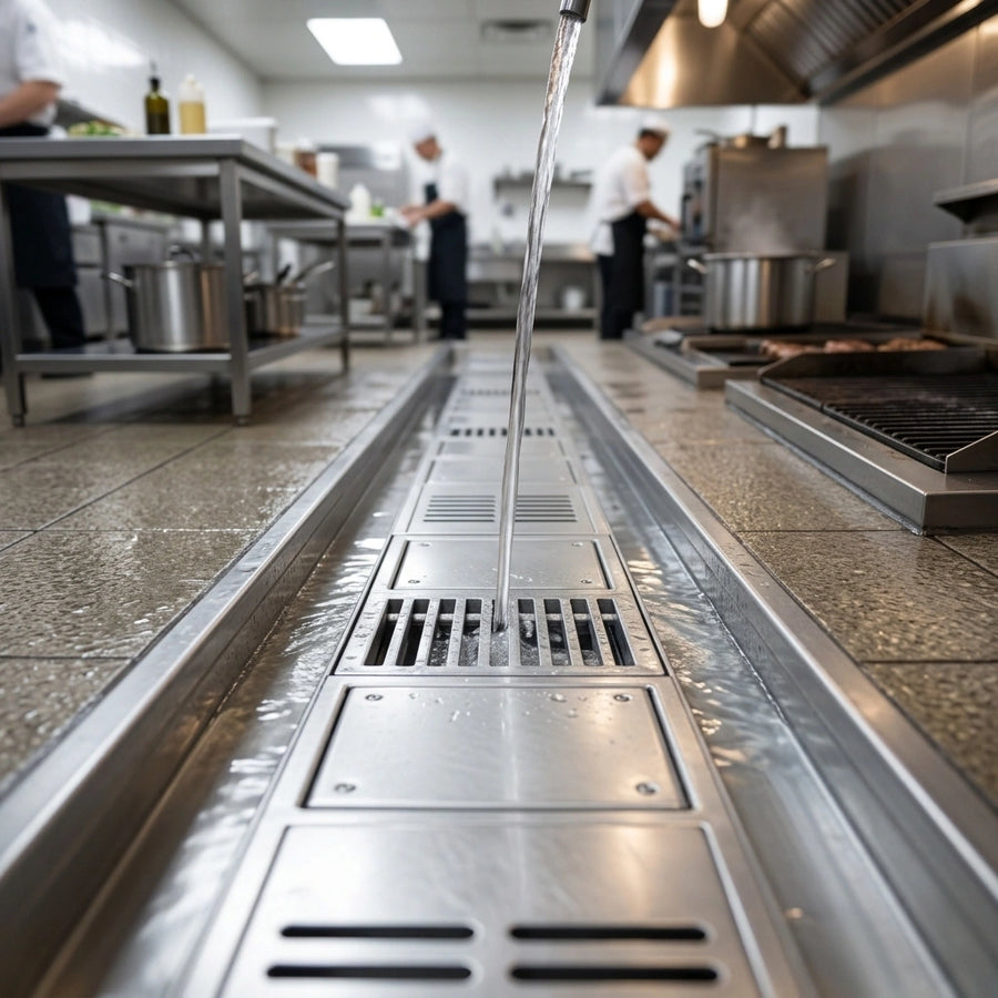 Observe the controlled, anti-splash design of this wide trough floor drain, keeping your commercial kitchen environment cleaner and safer.