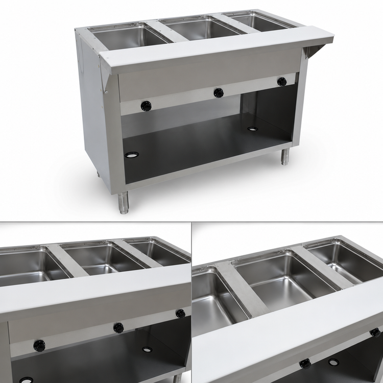 Product image #3 for Advance Tabco Triumph Supreme 3-Well LP Gas Open Well Hot Food Table with Enclosed Base and Cutting Board Shelf