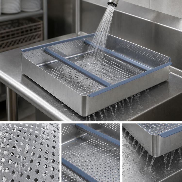 Product image #3 for Perforated Stainless Steel Pre-Rinse Basket for Dish Tables