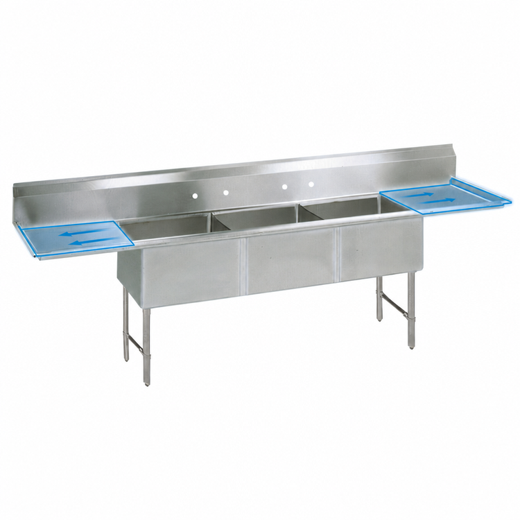 Product image #3 for BK Resources Three-Compartment Double Drainboard Stainless Steel Sink with 24 x 24 x 14 Inch Compartments