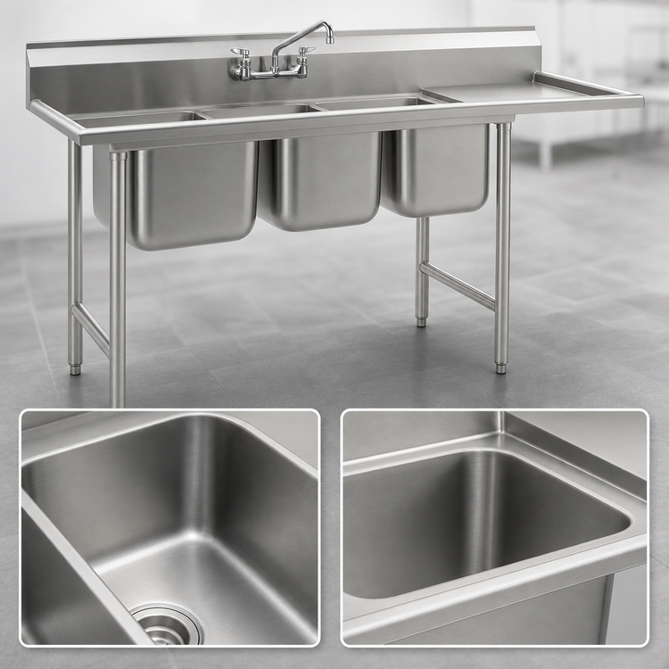 Product image #3 for Eagle 414 Series Commercial Three-Compartment Sink with 18-Inch Right Drainboard, 22" x 22" Bowls