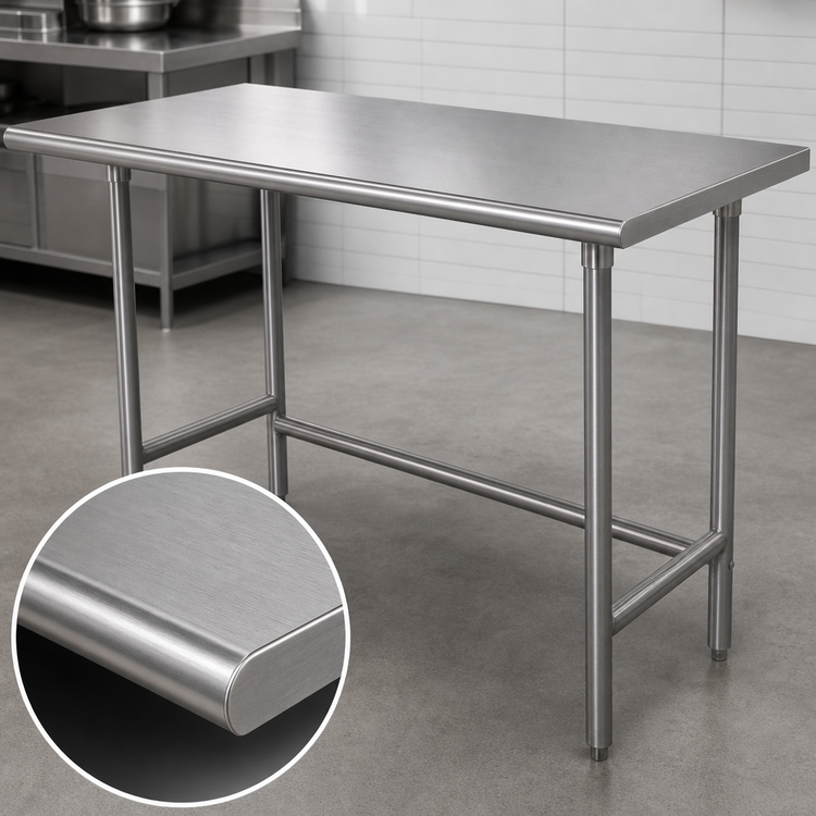 Product image #3 for Advance Tabco 120" x 36" Flat Top Stainless Steel Work Table, Open Base, 14 Gauge 304 Top