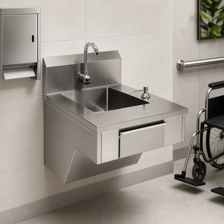 Product image #3 for Eagle Group Physically Challenged Wall-Mounted Stainless Steel Hand Sink with Electronic Eye Faucet, Skirt, Soap Dispenser and Paper Towel Dispenser