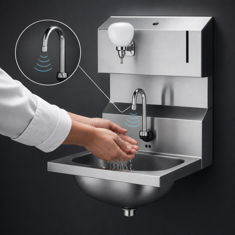 Product image #3 for Eagle Group Wall-Mounted 304 Stainless Steel Hand Sink with Battery-Powered Electronic Eye Gooseneck Spout