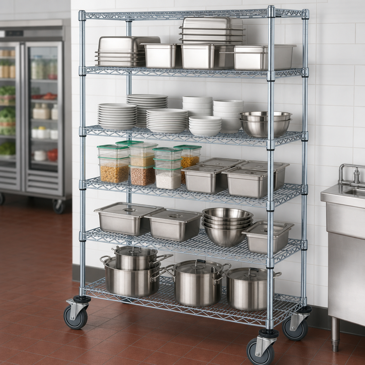 Product image #3 for Quantum 60 Inch W x 24 Inch D x 80 Inch H Mobile Wire Shelving Cart with 5 Shelves, Chrome Plated Finish