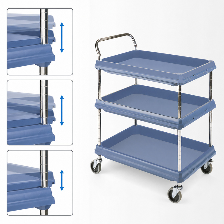 Product image #3 for Metro Deep Ledge 3-Tier Adjustable Polymer Bus Cart with Open Base, Blue