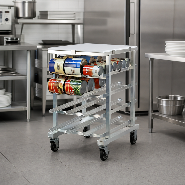 Product image #3 for New Age Half-Size Mobile Aluminum Can Storage Rack with Poly Top, 96 #5 or 72 #10 Can Capacity