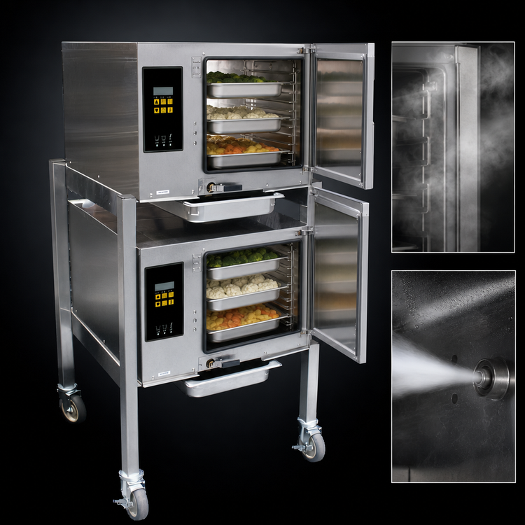 Product image #3 for AccuTemp Evolution Double-Stacked Connectionless Boilerless Electric Convection Steamer with Stand, 2 Compartments, 3-Pan Capacity Each, 208V
