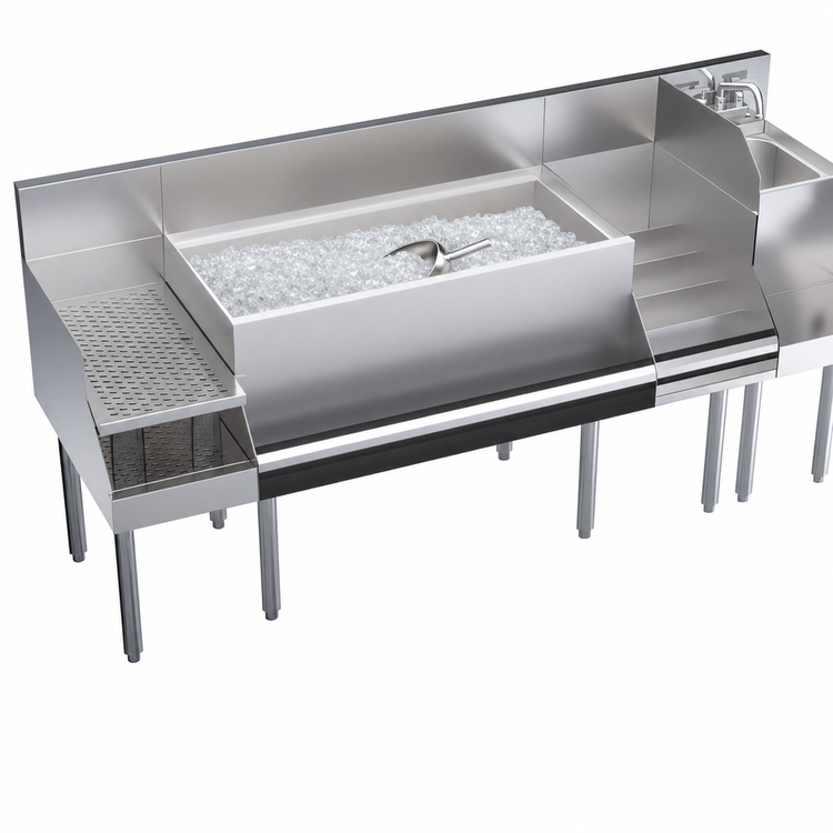 Product image #4 for Krowne Royal Series 72-Inch Underbar Cocktail Station with Center Ice Bin, Blender Station, Liquor Display, Drainboard, and 10-Circuit Cold Plate