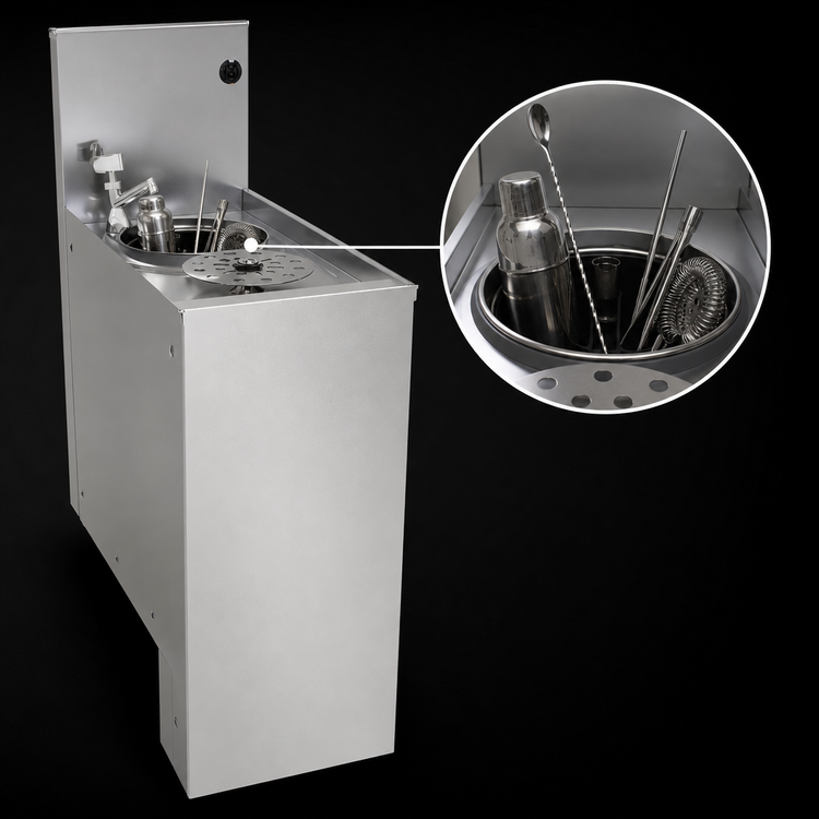 Product image #3 for Glastender 8-Inch Wide Underbar Mixology Unit with 6-Inch Tool Well and Push-Down Rinser Faucet